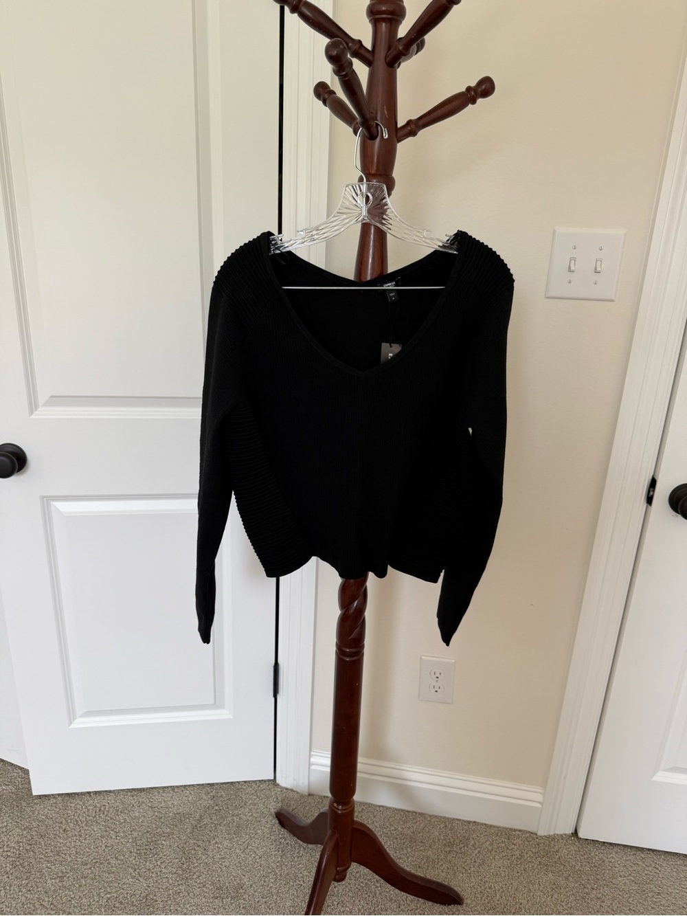 Express Black V-Neck Ribbed Shoulder Sweater